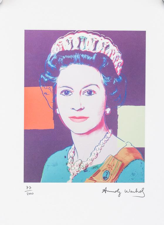 American Linocut 77/200 Signed Andy Warhol: Linocut on paper. Featuring portrait of Queen Elizabeth. "77/200" inscribed to the bottom left. Signed "Andy Warhol" to the bottom right. Image size: 19 x 15 cm (7.5 x 6 inches). Sheet size: 29 x 21 c