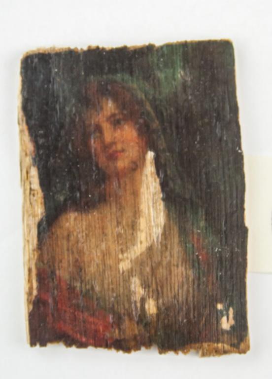 Dutch Oil on Wood Miniature Rembrandt Mathias Fels: Oil on wood, miniature. Portrait of a woman. Attached label reads "Rembrandt Harmenszoon van Rijn 1606-1669", with "Galerie Mathias Fels PARIS" stamp. 5 x 16 cm (2 x 6 1/4 inches).