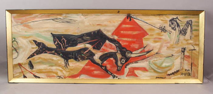 Oil on Board Signed Eva Heifetz: Oil on board. This artwork features a black bullfight that is running towards an unknown creature. Signed "Eva Heifetz" to the lower right corner. 30 x 89 cm (11.75 x 35 inches), frame: 35 x 94 cm (13