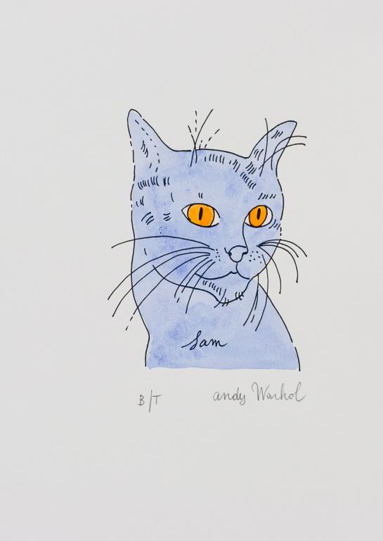 American Mixed Media on Paper Signed "Andy Warhol": Mixed media on paper. Featuring blue cat with yellow eyes, with "Sam" on the chest. Signed "Andy Warhol" to the bottom right, with "B/T" inscribed to the bottom left. 30 x 21 cm (11.75 x 8.25 inches).