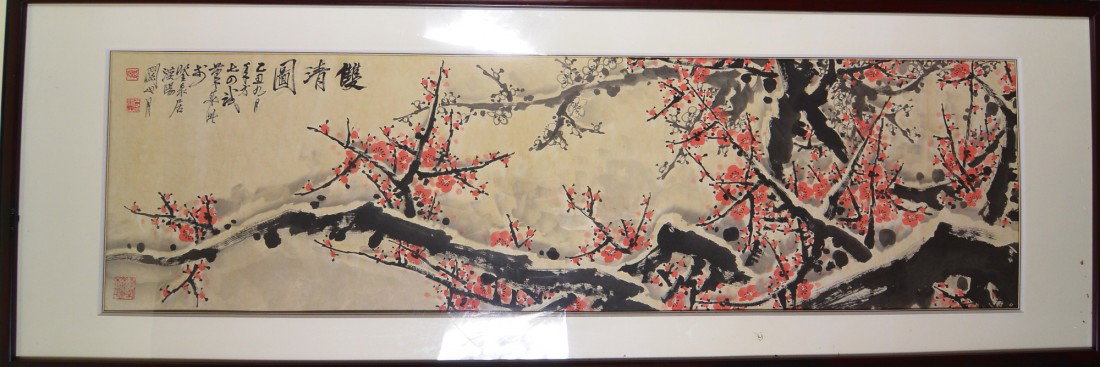 Guan Shan Yue (1912-2000) Watercolour Painting: Framed Chinese watercolour painting, Guan Shan Yue (1912-2000): plum blossoms; inscribed and signed with two artist seals; 45 cm x 175 cm