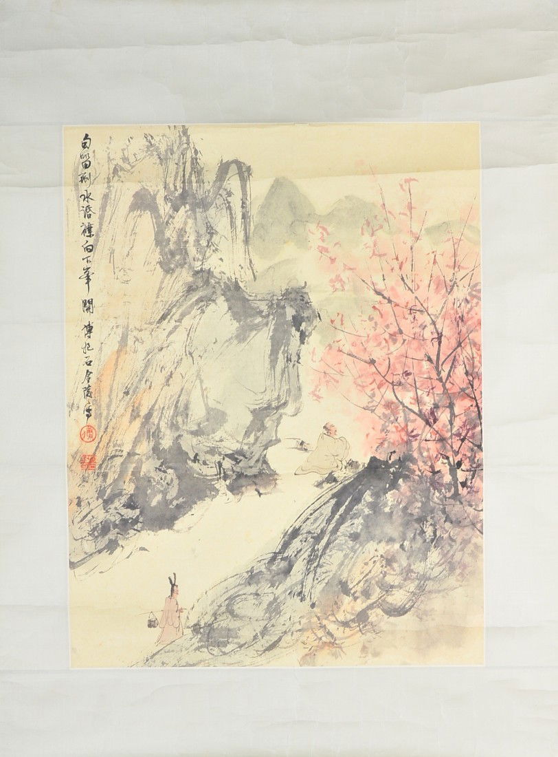 Fu Baoshi (1904-1965) Watercolour with Provenance: Fu Baoshi (1904-1965) Chinese watercolour painting; ink and colour on paper: 'Visiting a Friend'; signed and inscribed with seal of Fu Baoshi; 54 cm x 41 cm; painting is one of a series of four and fe