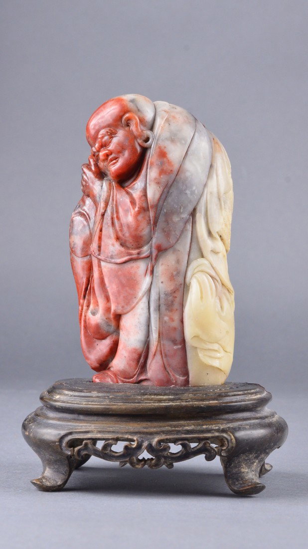 Chinese Soapstone Carved Figure of Lohan: Chinese soapstone carved figure of Lohan; H: 18 cm, W: 8 cm, 872 grams