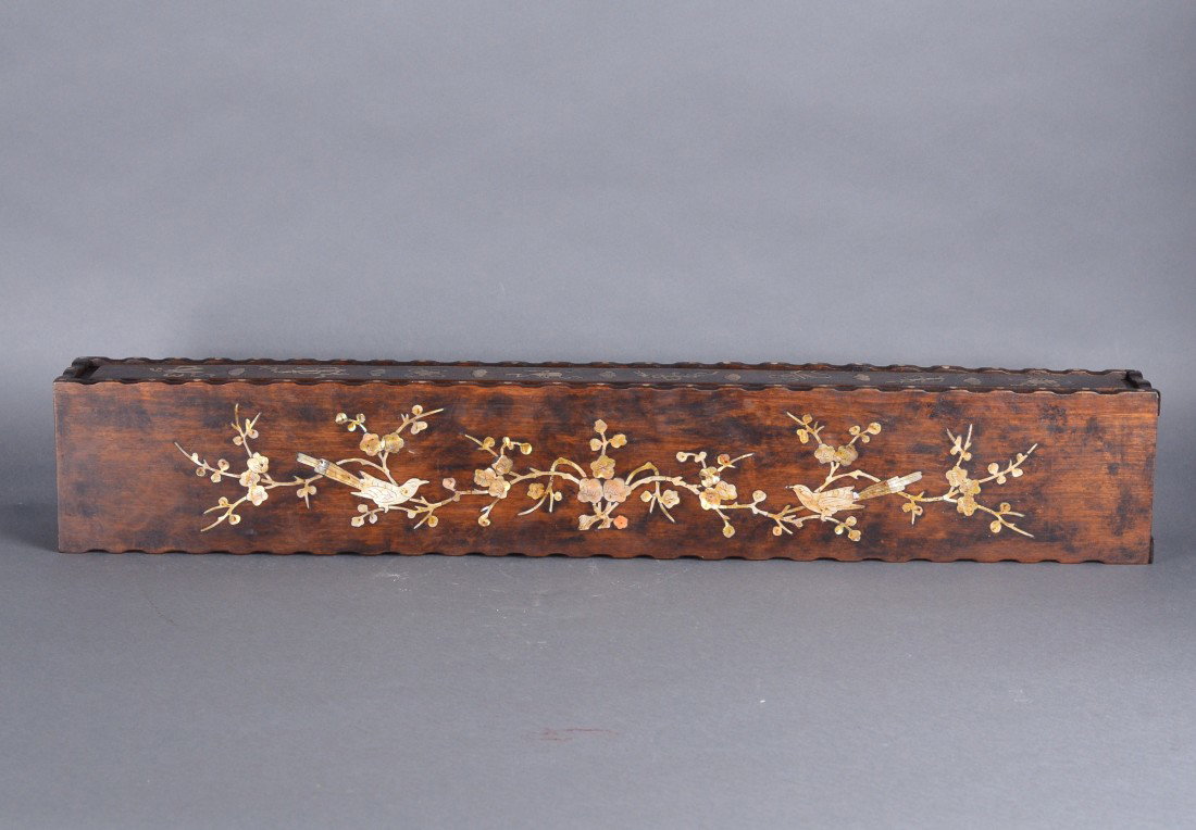 Chinese Rosewood Carved Scroll Holding Box: Chinese rosewood carved scroll holding box; featuring bamboo leaves and lingzhi fungus in relief on cover; mother of pearl inlaid on both sides; L: 80 cm, W: 9 cm, H: 13 cm