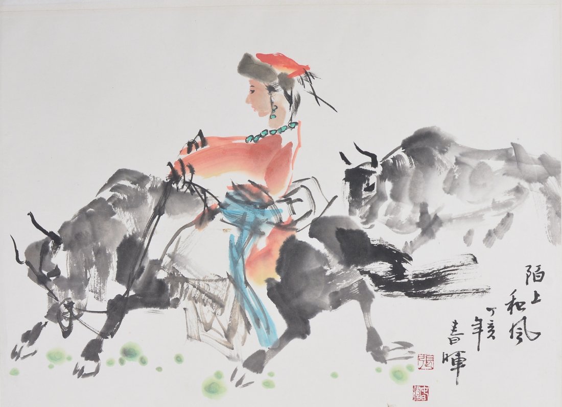 Chinese Watercolour Painting Zhang Chun Fei 1954-: Chinese watercolour painting: northern woman riding ox; signed Zhang Chun Fei (1954-); inscribed and signed by two artist seals; 34 cm x 45 cm