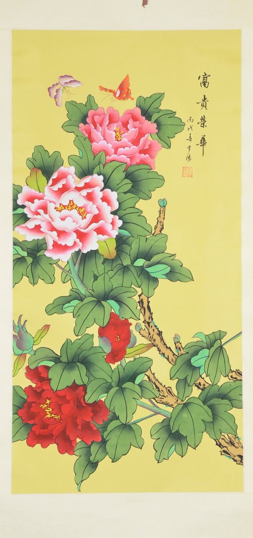 Loa Tan Chinese Watercolour Scroll: Peonies: Hanging scroll, Chinese watercolour painting, ink and colour on silk: peonies, signed Loa Tan; inscribed and signed with artist seal; 89 cm x 43 cm