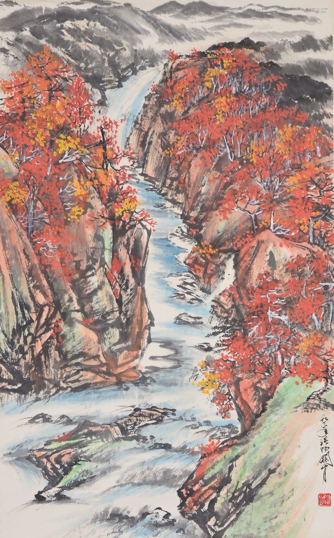 Guan Shan Yue Chinese Watercolour Hanging Scroll: Hanging scroll, Chinese watercolour painting, ink and colour on paper: River stream in fall, signed Guan Shan Yue (1912-2000); inscribed & signed with one artist seal; 66 cm x 40.5 cm