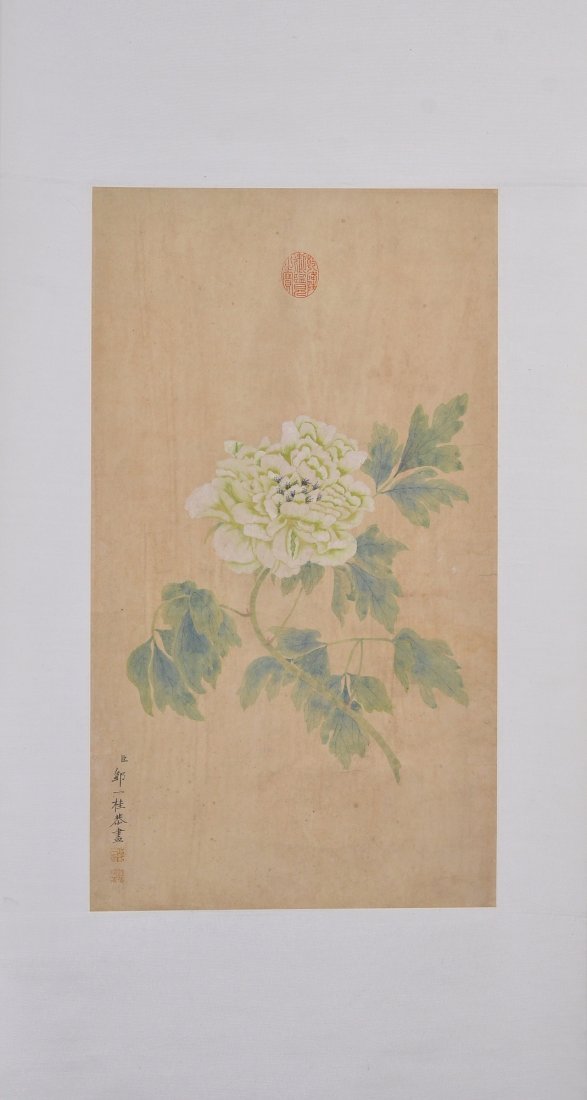 Yen Ee Guay 18th/19th C. Watercolour Painting: Hanging scroll, Chinese watercolour painting, ink and colour on paper: White Chrysanthemum and Green Leaves, signed Yen Ee Guay; inscribed and signed with one artist seal; red Qianlong seal, 18/19th C