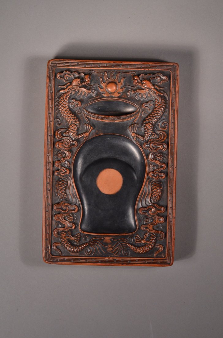 19th C. Chinese Ink Stone 2 Dragon Chasing Pearl: 19th Century Chinese inkstone; of rectangular shape: the front with two dragons chasing pearl carved in relief; the reverse with manufacturer's mark; L: 26 cm, W: 17 cm, Thickness: 3.75 cm, 2166 grams