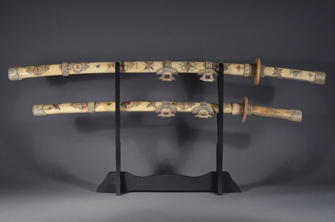 Pair of Chinese Bone Ivory Swords Incised Sheath: Pair of Chinese Bone Ivory Swords; bone blade within incised and enameled sheath; L: 89 cm ; L: 78 cm, stand
