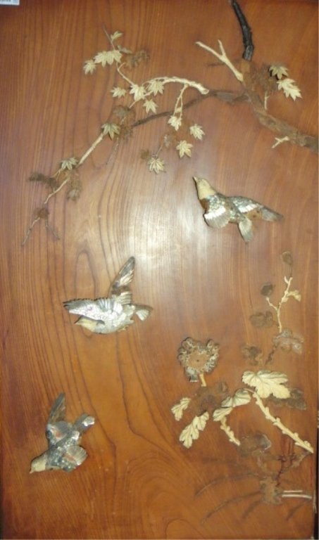 19th C. Japanese Screen Ivory & Pearl Carvings: 19th Century Japanese wood screen panel; with hand carved ivory and mother of pearl birds; pieces have been intricately pieced together; areas where ivory flowers and feathers were located have fallen