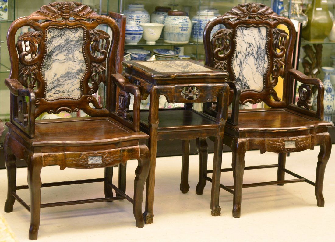 Set of 4 Chinese Rosewood 4 Chairs & 2 Tea Table: Set of six Chinese rosewood carved chairs and tea table; six rosewood carved chairs and two tea tables; H: 112 cm W: 50 cm, L: 62 cm (chairs); H: 81 cm W: 46 cm , L: 46 cm (table)