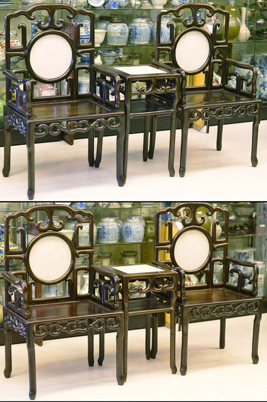 Set of 4 Chinese Rosewood Chairs & 2 Tea Tables: Set of four: Chinese Rosewood carved chairs and tea table; H: 120 cm W: 51 cm L: 68 cm (chairs); H: 73 cm W: 42 cm L: 42 cm (table)