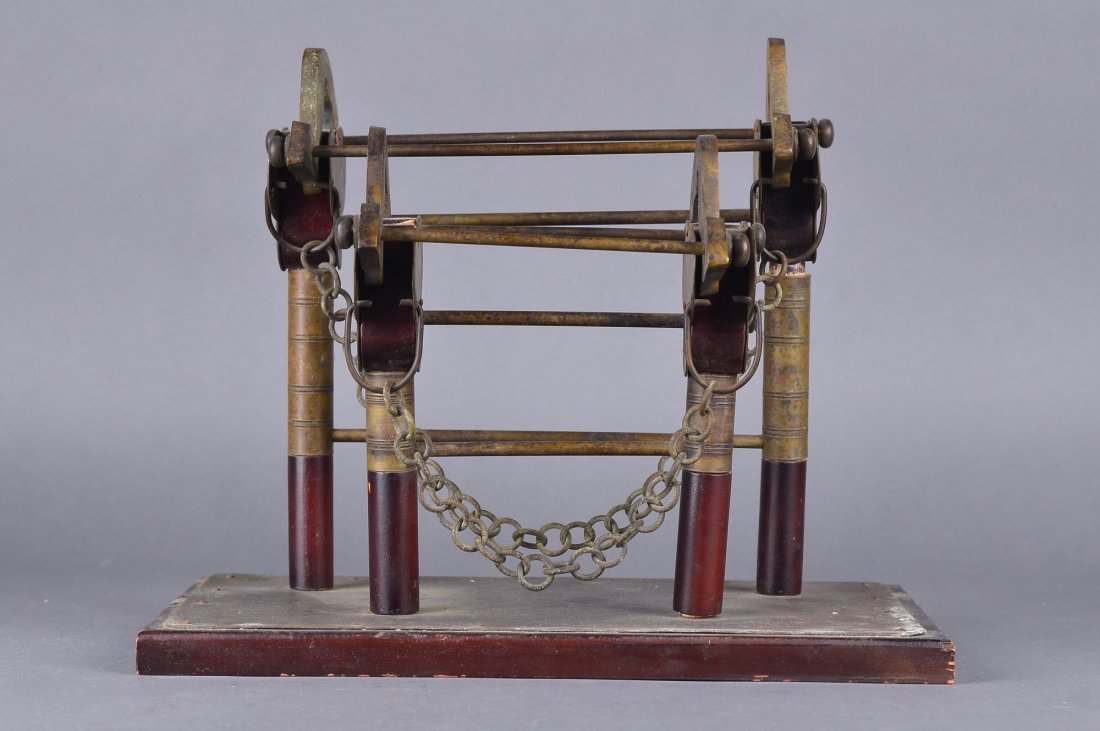 Chinese Antique Wood & Brass Double Sword Stand: Chinese antique wood and brass double sword stand; L: 23 cm, W: 18 cm, H: 23 cm