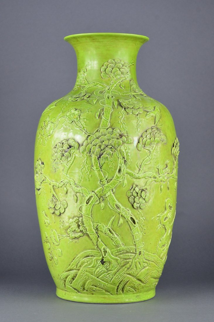 Chinese Lime Green Vase Signed Wang Bing Wing: Chinese lime green porcelain vase; pear shaped body featuring landscape scene; poem carved on verso about fishing on a house near the lake, signed Wang Bing Wing; four-character mark on base; H: 40 cm