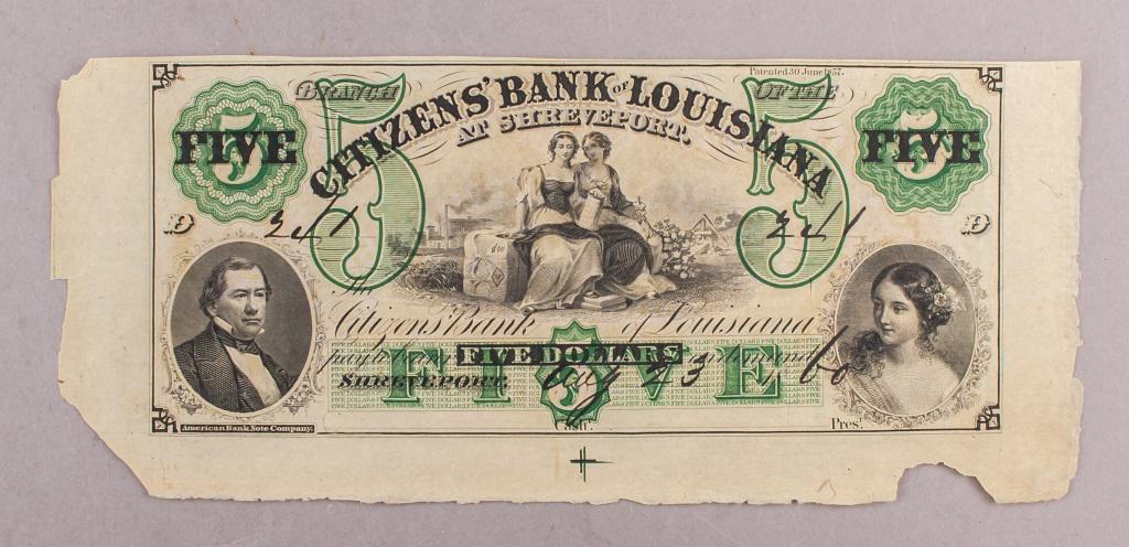 USA Louisiana 1857 $5 Currency Note: USA Louisiana 1857 Citizens' Bank $5 Currency Note; obverse printed with value; lettering "Patented 30 June 1857: BRANCH OF THE CITIZENS' BANK OF LOUISIANA AT SHREVEPORT."; reverse printed with value
