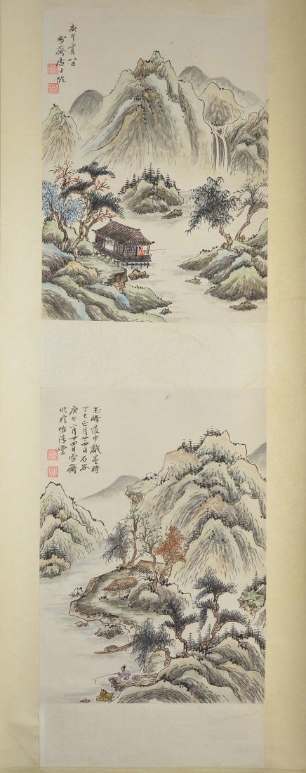 Fu Boashi Chinese Watercolour Hanging Scroll: Hanging scroll, Chinese watercolour painting, ink and colour on paper, signed Fu Baoshi; inscribed and signed with two seals (each); 42 cm x 31 cm (each) Dated 1930.