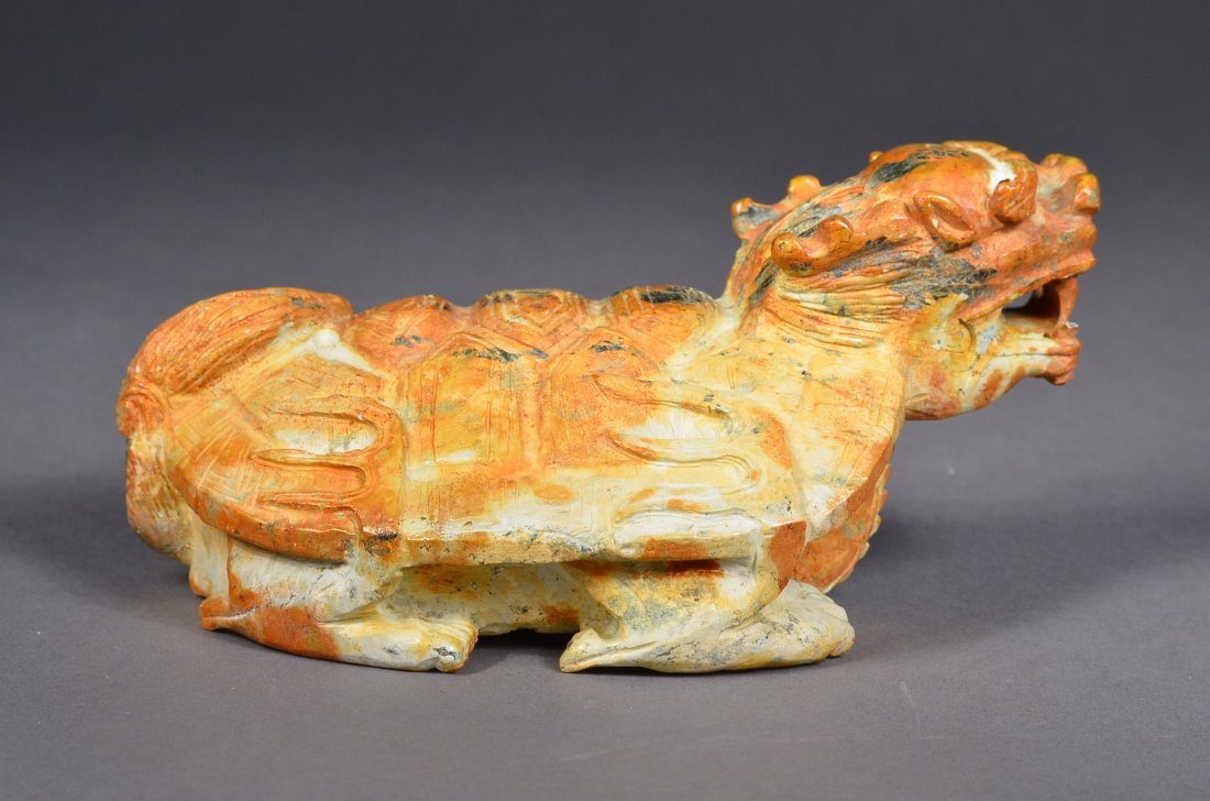 Finely Carved Chinese White Jade Turtle Dragon: Finely carved Chinese jade figure of a turtle dragon; the stone of white tone with yellow and black suffusions on head and shell; L: 13.5 cm, W: 9 cm, H: 6.5 cm, 652 grams