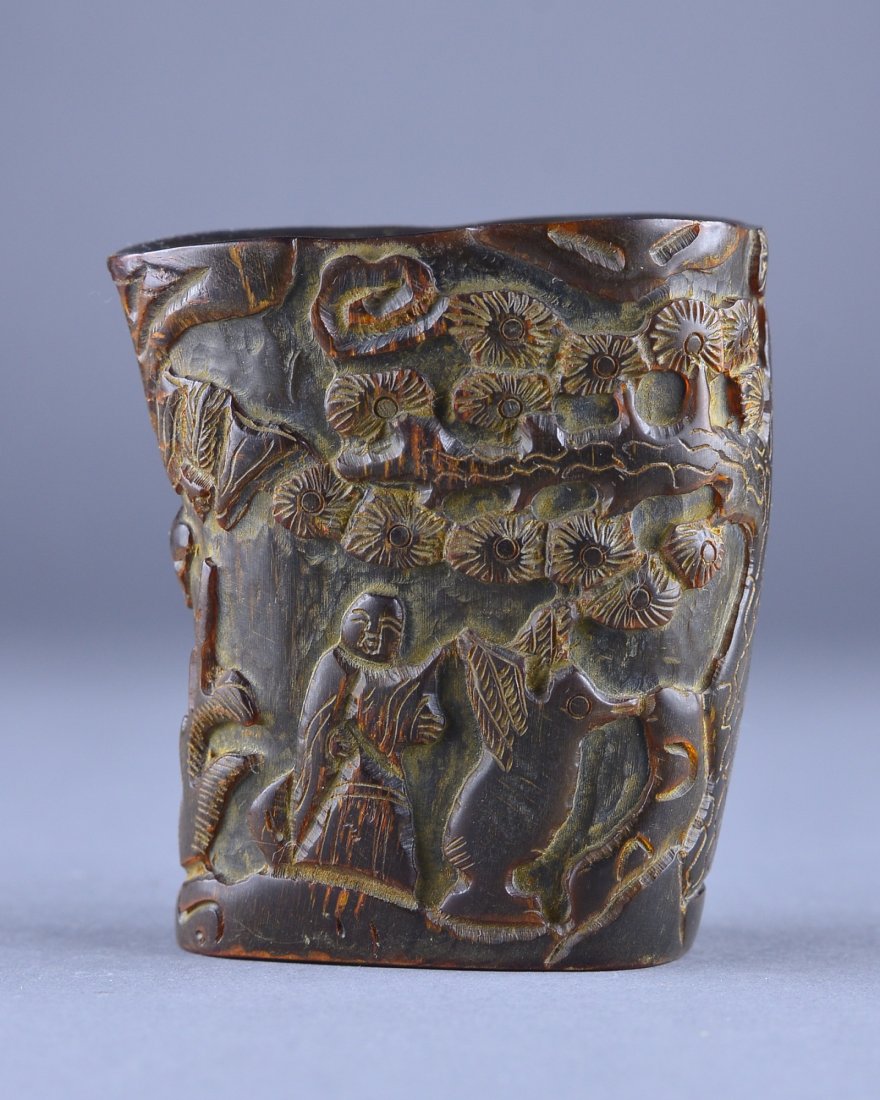 Chinese Ox Horn Carved Lotus Water Pot: Chinese ox horn carved lotus water pot; featuring sags and landscape scene; H: 7.5 cm, W: 6.5 cm, 167 grams