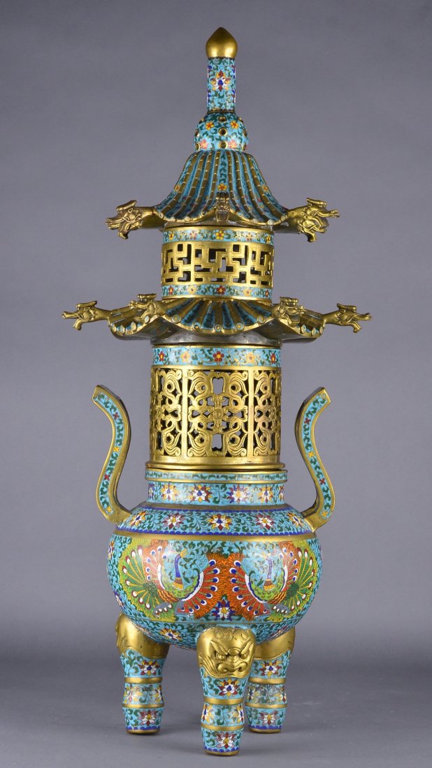 Fine Chinese Qing Period Cloisonne Censer Qianlong: Finely cast and large Chinese Qing Period cloisonne censer; the five-piece sectional censer in pagoda form supported on tripod feet; with openwork designs on cylindrical body, decorated with lotus scr