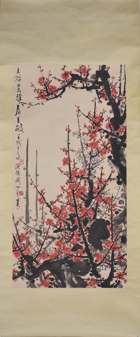 Guan Shan Yue Chinese Watercolour Painting: Chinese watercolour painting, ink and colour on paper: plum blossoms; signed Guan Shan Yue (1912-2000); inscribed and signed with two artist seals; 97 cm x 48.5 cm