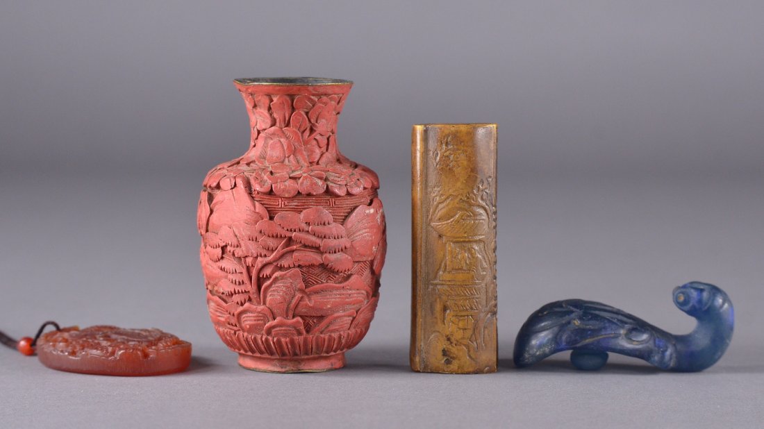 Set of Four Various Chinese Items: Set of four Chinese items; featuring cinnabar lacquer vase featuring landscape scene in relief; amber-like pendant featuring dragon in relief; shoushan carved seal featuring landscape scene, script ma