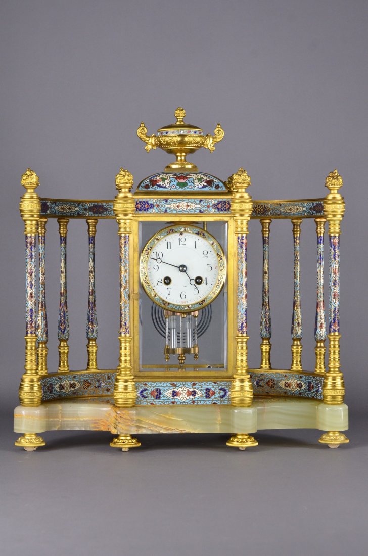 19th/20th C. Chinese Qing Imperial Pendulum Clock: A rare and genuine antique French Gilt-Bronze and Champleve Enamel Clock, Circa 1900; Case: Of four-glass form, embellished on the front and sides with panels of polychrome enamel on a turquoise groun