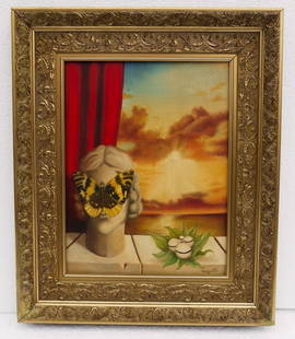 Belgian OOC Signed Magritte US w/ Provenance: Oil on canvas, framed. Featuring surrealist composition of a butterfly on a statue's face with eggs in leaves to the side. Signed "Magritte" to the bottom right corner. "magritte" inscribed on verso.