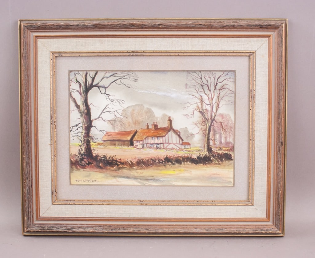 Tom Roberts 1909-1998 Canadian Watercolor: Watercolor on canvas, framed. Featuring landscape with red-roofed house. Signed "Tom Roberts" to the bottom left corner. Label on verso reads "THE FINE ART GALLERIES / T. EATON. Co. / TITLE OF WORK: L