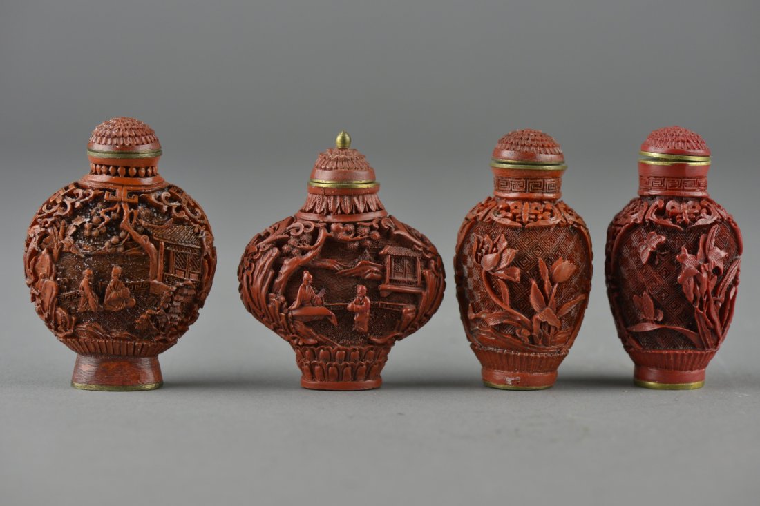 Set 4 Chinese Cinnabar Snuff Bottles Qianlong: Set of four Chinese carved cinnabar lacquer snuff bottles; featuring landscape scene with sages in relief; each carrying four-character Qianlong Mark on base; H: 6 cm, 37 grams (approx.)