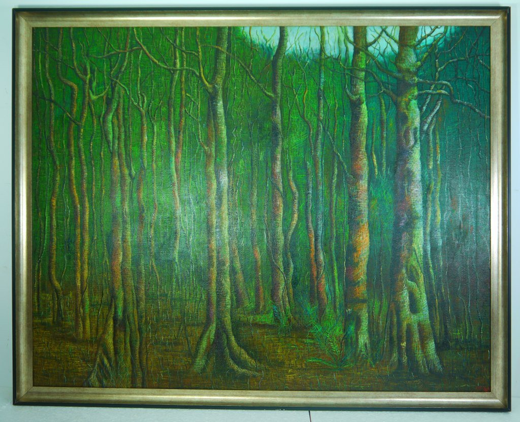 Nicaraguan OOC Signed Morales S.92: Oil on canvas, framed. Armando Morales (1927-2011) is attributed with this stunning oil on canvas painting with gilt frame, which features a lush forest scene. The painting is signed "Morales S.92" on