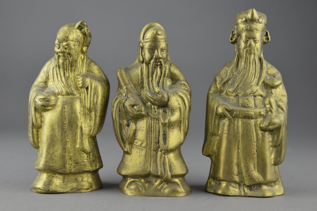 Antique Set of Three Chinese Brass Figures: Antique set of three Chinese brass figures; featuring Three Immortals Fu, Lu, Shou; H: 14.75 cm, 646 grams (approx.); Provenance: Gu Collection Markham, Canada