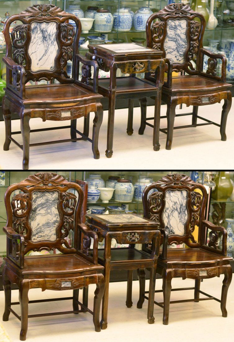 Set of 4 Chinese Rosewood 4 Chairs & 2 Tea Table: Set of six Chinese rosewood carved chairs and tea table; six rosewood carved chairs and two tea tables; H: 112 cm W: 50 cm, L: 62 cm (chairs); H: 81 cm W: 46 cm, L: 46 cm (table)