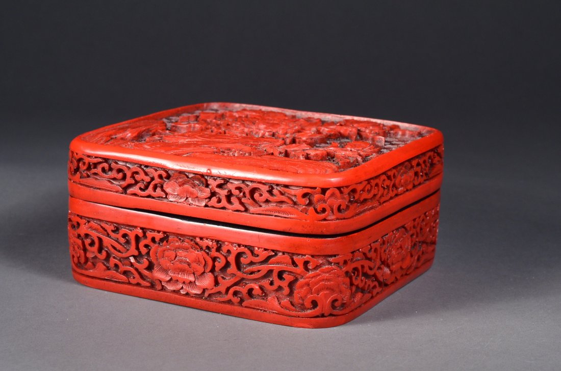 Set of Two Chinese Lacquer Box & Bronze Case: Chinese bronze square case and censor; featuring double happiness symbol on top; compartmentalized into four layers; Chinese carved cinnabar lacquer box; square shaped form with Chrysanthemum in relie