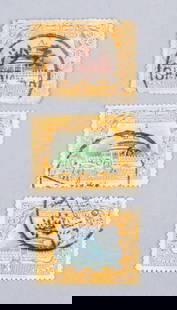 1909 Chinese Late Qing Stamps Hsuan-Tung 3pc: 1909 Chinese late Qing dynasty stamps. Total three stamps of denomination 2, 3 and 7 cents. Featuring Temple of Heaven in Beijing. 7 x 11 cm