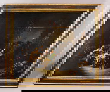 Scottish OOC Alexander Fraser 1786 - 1865 113/670: Oil on canvas, framed. Featuring gathering scene. Label below the image inscribed 'Alexander Fraser 1786 - 1865'. '#113/670' inscribed on verso. 62 x 74 cm (24 1/2 x 29 inches), F: 80 x 90 cm (31 1/2