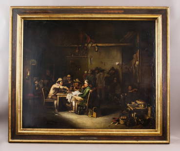 Scottish OOC Alexander Fraser 1786 - 1865 113/670: Oil on canvas, framed. Featuring gathering scene. Label below the image inscribed 'Alexander Fraser 1786 - 1865'. '#113/670' inscribed on verso. 62 x 74 cm (24 1/2 x 29 inches), F: 80 x 90 cm (31 1/2