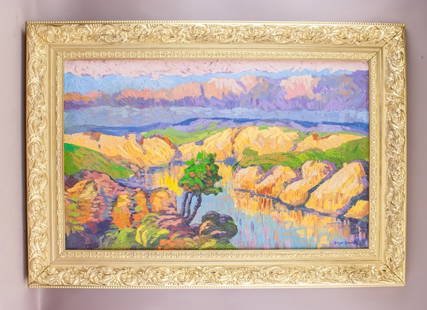 American OOC Birger Sandzen Smalley's Gallery: Oil on canvas, framed. Attributed to Birger Sandzen (1871 - 1954). The painting is a landscape of a lake with mountains in the background. The colors are vibrant and the brushstrokes are bold. Signed