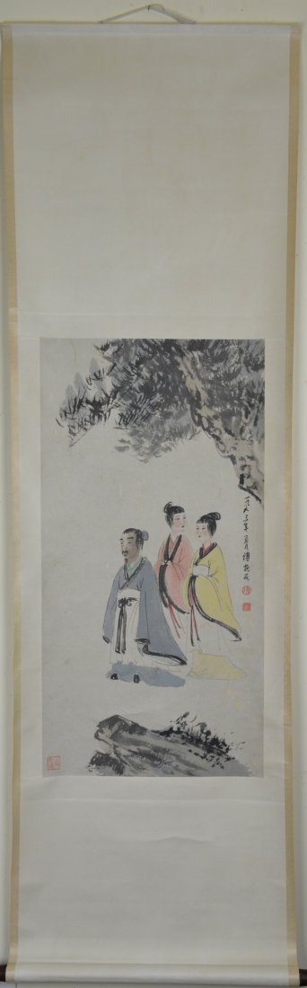 Fu Baoshi Chinese Watercolour Painting Scroll: Hanging scroll, Chinese watercolour painting, ink and colour on paper, signed Fu Baoshi; inscribed and signed with three seals; 84 cm x 43 cm