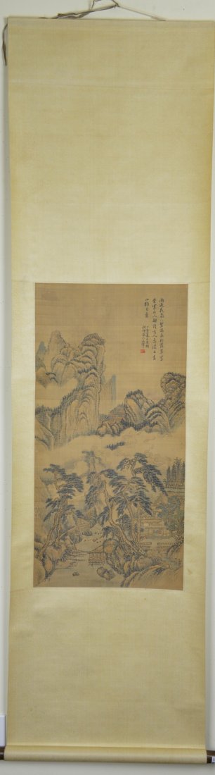 Wang Hui Chinese Watercolour on Silk Scroll: Hanging scroll, Chinese watercolour painting, ink and colour on silk, signed Wang Hui; inscribed and signed with one seal; 79.5 cm x 40 cm