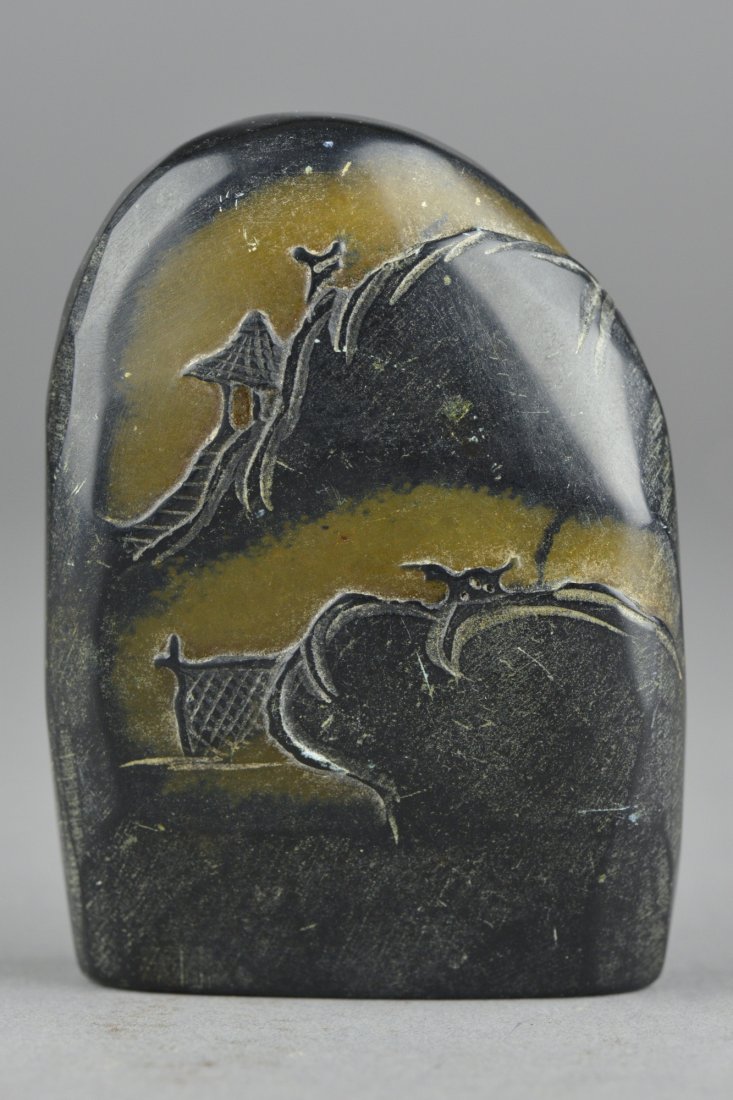 Chinese Carved Crow Skin Tianhuang Boulder Seal: Chinese carved crow skin Tianhuang stone boulder seal; featuring figural scene of two sages in relief; H: 8.75 cm, W: 6 cm, 304 grams