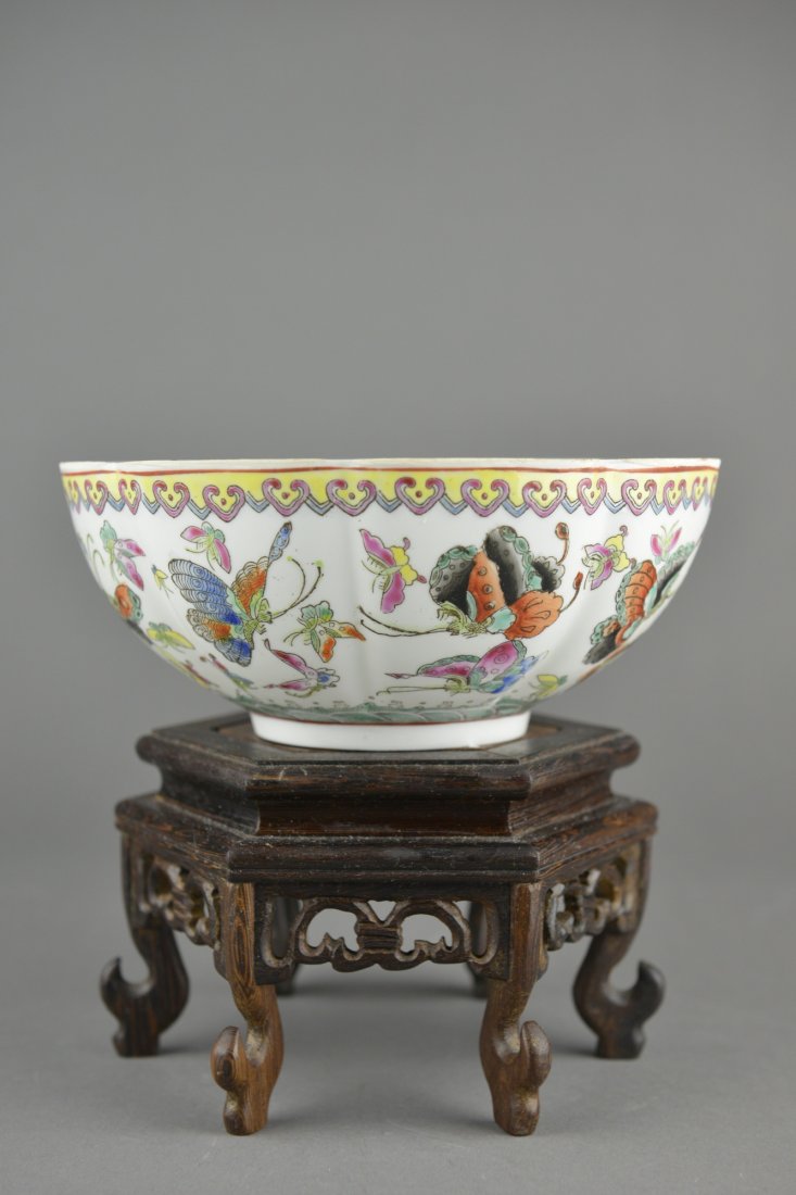 Chinese Eggshell Porcelain Bowl w/ Stand and MK: Chinese eggshell porcelain bowl; foliate-shaped bowl and of deeply potted form featuring auspicious butterflies underneath ruyi-head scroll; the interior featuring a five-toed dragon with a pearl at t
