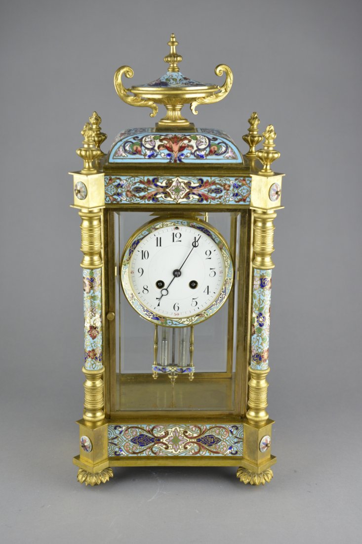 Large Chinese Qing Imperial Pendulum Clock: A Large Rare and Genuine Antique French Gilt-Bronze and Champleve Enamel Clock, Circa 1890/1900; Case: Of four-glass form, well bevelled glass sides, embellished on the front and sides with panels of