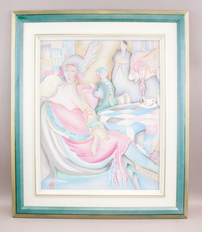 Iranian-American Acrylic on Canvas Signed Hessam: Acrylic on canvas, framed. Featuring tea party. Signed Hessam on bottom Attributed to Hessam Abrishami (1951 - ). left corner. 52 x 40 cm (20 1/2 x 15 3/4 inches), F: 76 x 59 cm (30 x 23 1/4 inches)