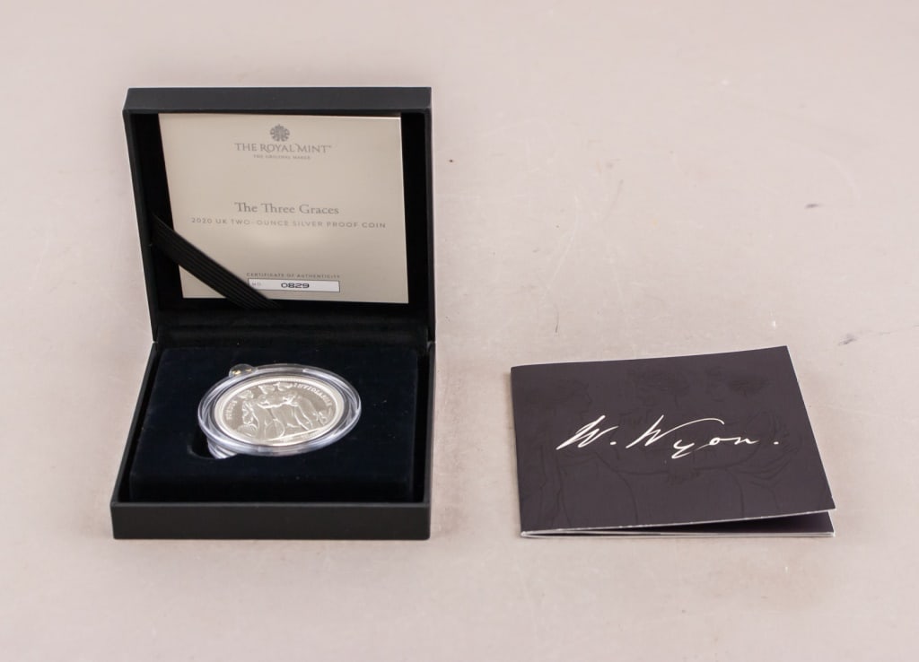2020 UK The Three Graces 2oz Silver Proof No. 0829: 2020 United Kingdom 5 pounds silver proof coin. Commemorative issue; The Great Engravers series. Obverse engraved fifth crowned portrait of HM Queen Elizabeth II right, wearing the George IV State Dia