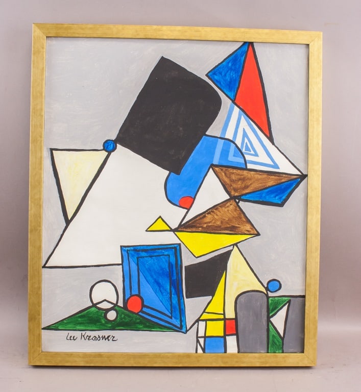 American Acrylic on Canvas Signed Lee Krasner: Acrylic on canvas, framed. The composition features a dynamic arrangement of geometric shapes, each filled with bold colors including blue, red, yellow, and black against a muted grey background. Sign