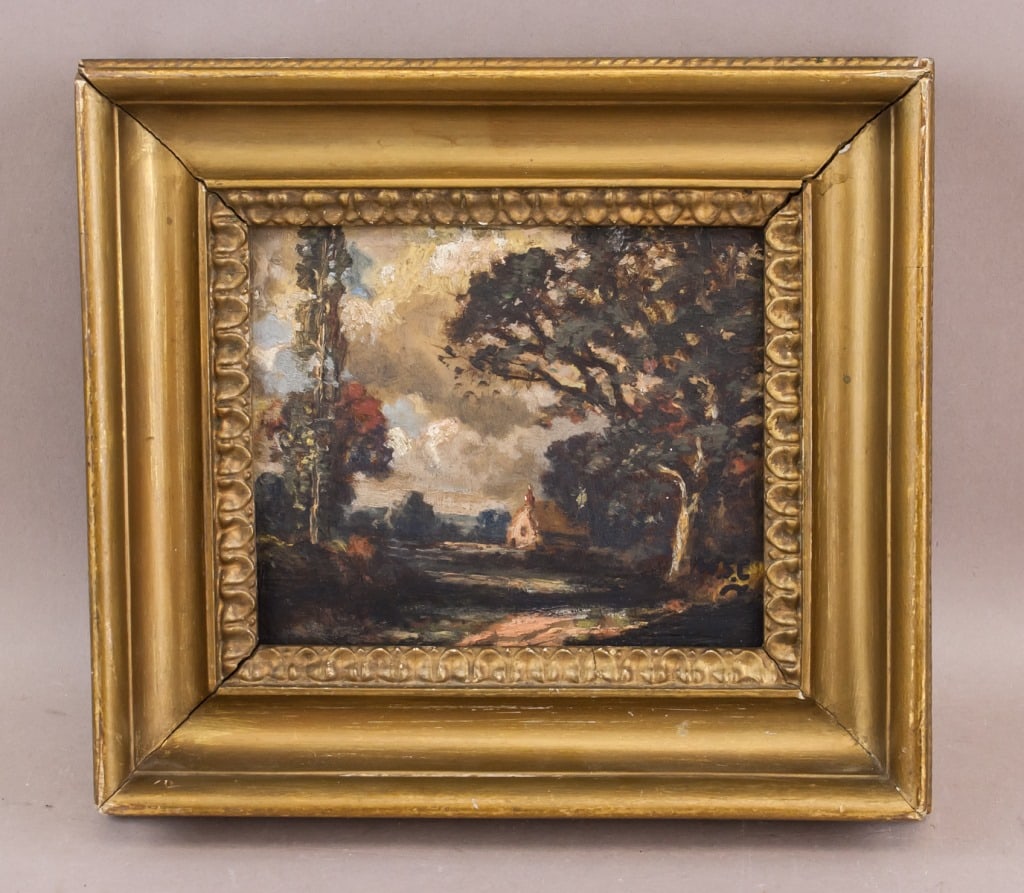 OOB Sgd Winston Churchill CHAS. H. WEST London: Oil on board, framed. It confines a serene landscape, a harmonious blend of light and shadow. Towering trees cast elongated shadows, their branches reaching toward the heavens. A winding path beckons 