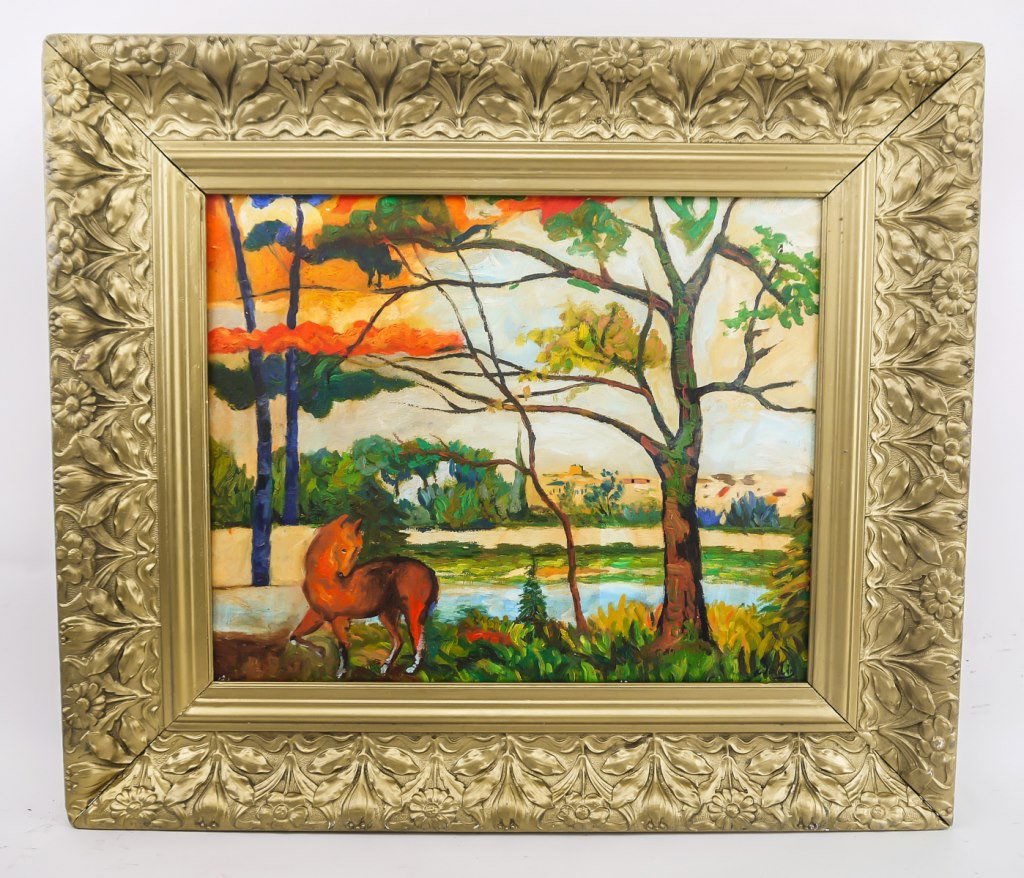 French OOC Signed Andre Derain Galleria Persaro: Oil on canvas, framed. Attributed to Andre Derain (1880 - 1954). The artwork transports us to a serene landscape scene where the wild application of vibrant hues brings the scenery to life. Amidst thi