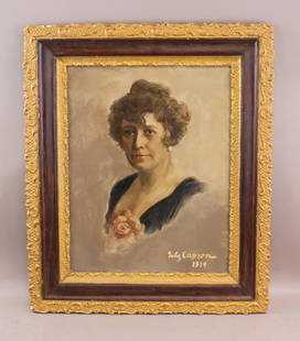 OOB Signed Jules Cayron 1919 F.H. BRESLER FINE ART: Oil on board, framed. The artwork presents an elegant and enigmatic figure. A woman wears refined attire, clutching a delicate rose. Signed Jules Cayron 1919 on bottom right corner. Label on verso of