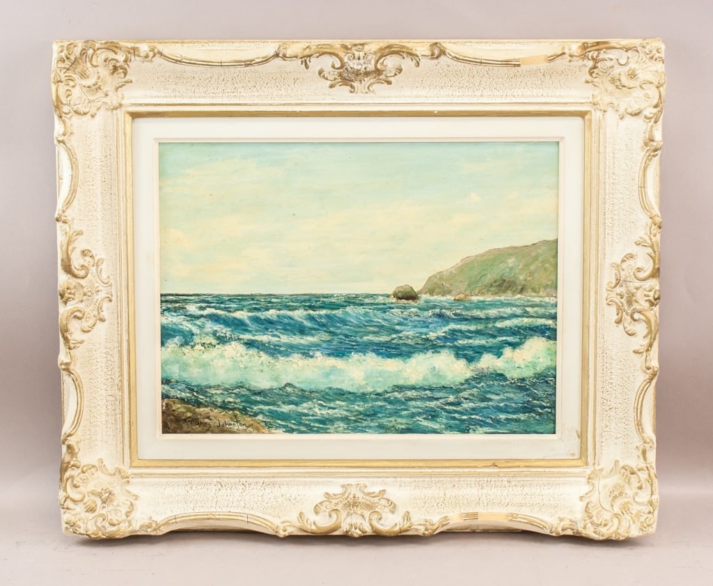 Canadian OOB Signed Franz Johnston A.R.C.A: Oil on board, framed. The artwork captures the beauty of ocean waves crashing against rocky shores. Rendering of the waves and the subtle interplay of light and shadow. Signed Franz Johnston on bottom